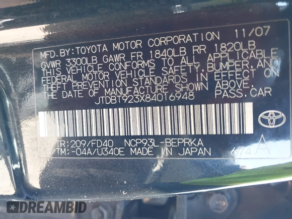 2008 Toyota Yaris with VIN JTDBT923X84016948, listed as a IAAI auction lot 42529453 with 136,837 mi miles and . Bid and sale history available at DreamBid. Image 9.