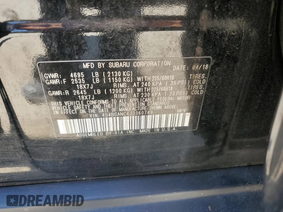 2018 Subaru Outback Limited with VIN 4S4BSANC4J3360749, listed as a Copart auction lot 57300185 with 107,678 mi miles and Salvage title. Bid and sale history available at DreamBid. Image 14.