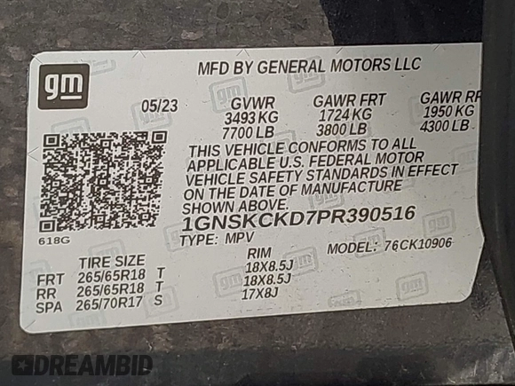 2023 Chevrolet Suburban LT with VIN 1GNSKCKD7PR390516, listed as a IAAI auction lot 41640622 with 42,803 mi miles and . Bid and sale history available at DreamBid. Image 9.