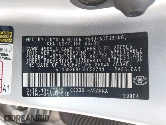 2005 Toyota Avalon XL z VIN 4T1BK36B45U052711, wystawiony jako IAAI lot #42363850 z przebiegiem 175 331 mil mil oraz . Historia ofert i sprzedaży dostępna na DreamBid. Obrazek 9.