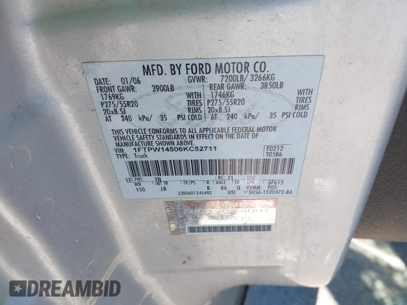 2006 Ford F-150 XLT с VIN 1FTPW14506KC52711, выставлен на аукционе IAAI как лот 42530613 с пробегом 206 528 миль миль и . История ставок и продаж доступна на DreamBid. Изображение 9.