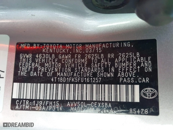 2015 Toyota Camry Hybrid LE with VIN 4T1BD1FK5FU161257, listed as a IAAI auction lot 41759927 with 116,853 mi miles. Bid and sale history available at carsss.com. Image 9.