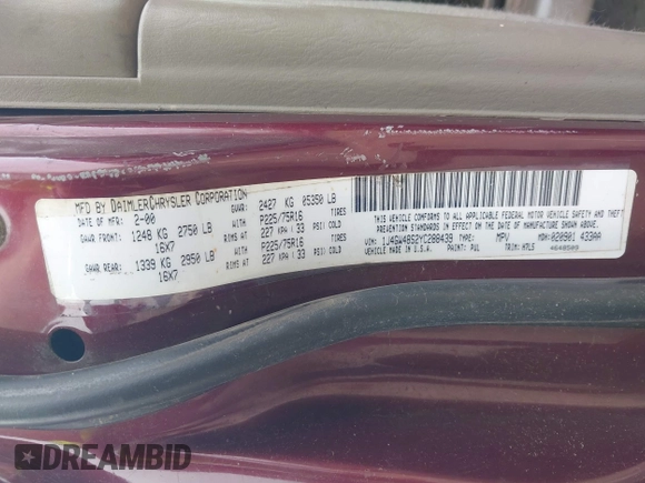 2000 Jeep Grand Cherokee Laredo z VIN 1J4GW48S2YC288439, wystawiony jako IAAI lot #42492798 z przebiegiem 272 527 mil mil oraz . Historia ofert i sprzedaży dostępna na DreamBid. Obrazek 9.