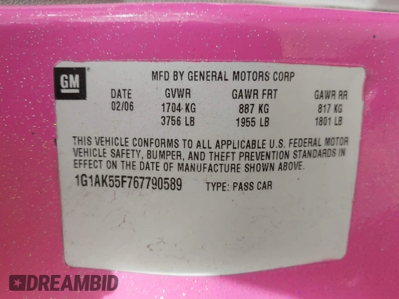 2006 Chevrolet Cobalt LS with VIN 1G1AK55F767790589, listed as a IAAI auction lot 41583527 with 132,436 mi miles and . Bid and sale history available at DreamBid. Image 9.