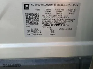 2021 Chevrolet Equinox LT with VIN 3GNAXKEV4MS138016, listed as a Copart auction lot 53810465 with 32,325 mi miles and Salvage Title. Bid and sale history available at carsss.com. Image 13.