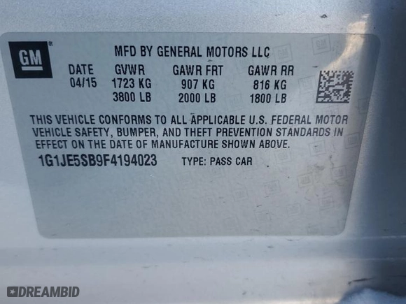 2015 Chevrolet Sonic LTZ with VIN 1G1JE5SB9F4194023, listed as a Copart auction lot 45950645 with NaN miles and Salvage Title. Bid and sale history available at carsss.com. Image 13.