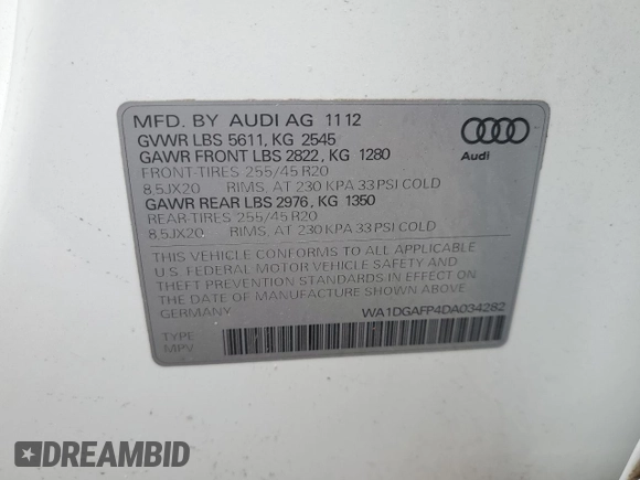 2013 Audi Q5 Premium Plus with VIN WA1DGAFP4DA034282, listed as a Copart auction lot 56157315 with Not provided miles and Salvage title. Bid and sale history available at DreamBid. Image 13.