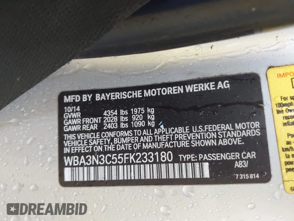 2015 BMW 4 Series 428i with VIN WBA3N3C55FK233180, listed as a IAAI auction lot 42222285 with 190,073 mi miles and . Bid and sale history available at DreamBid. Image 9.