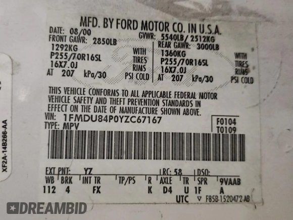 2000 Ford Explorer Eddie Bauer z VIN 1FMDU84P0YZC67167, wystawiony jako Copart lot #85806684 z przebiegiem 156 411 mil mil oraz Szkoda całkowita • Salvage title. Historia ofert i sprzedaży dostępna na DreamBid. Obrazek 13.