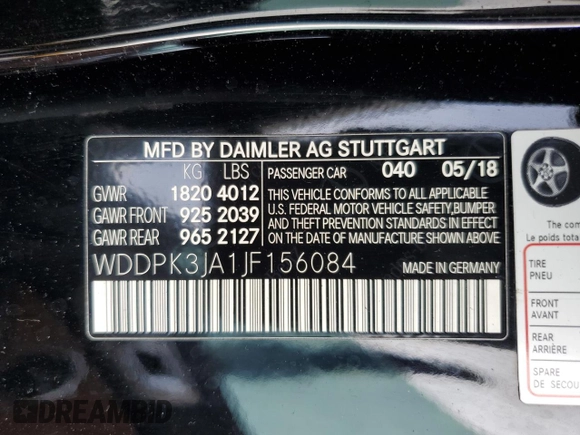 2018 Mercedes-Benz SLC 300 с VIN WDDPK3JA1JF156084, выставлен на аукционе Copart как лот 54167855 с пробегом 45 036 миль миль и Списание • Salvage title. История ставок и продаж доступна на DreamBid. Изображение 12.