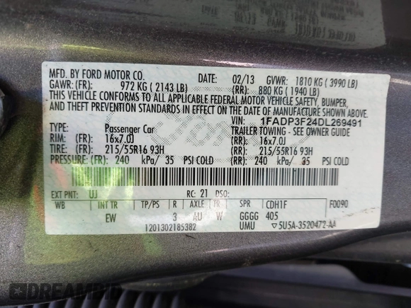 2013 Ford Focus SE with VIN 1FADP3F24DL269491, listed as a IAAI auction lot 42693397 with 304,906 mi miles and . Bid and sale history available at DreamBid. Image 9.