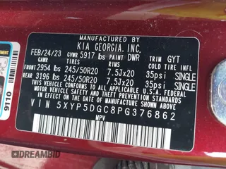2023 Kia Telluride SX X-Pro with VIN 5XYP5DGC8PG376862, listed as a IAAI auction lot 42481710 with 17,517 mi miles and . Bid and sale history available at DreamBid. Image 9.