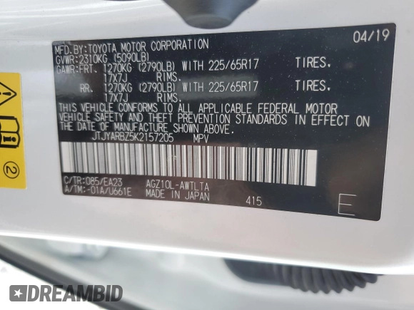 2019 Lexus NX 300 z VIN JTJYARBZ5K2157205, wystawiony jako Copart lot #52554165 z przebiegiem 78 228 mil mil oraz Szkoda całkowita • Salvage title. Historia ofert i sprzedaży dostępna na DreamBid. Obrazek 14.