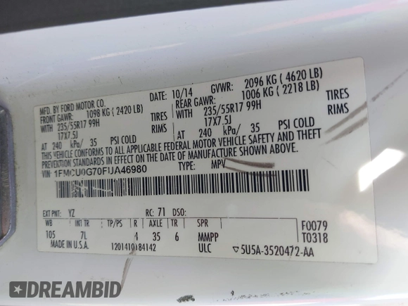 2015 Ford Escape SE with VIN 1FMCU0G70FUA46980, listed as a IAAI auction lot 41213582 with 246,343 mi miles. Bid and sale history available at carsss.com. Image 9.