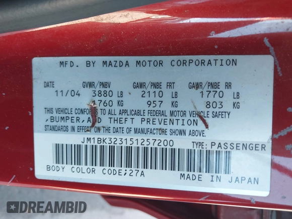 2005 Mazda 3 s with VIN JM1BK323151257200, listed as a IAAI auction lot 40995109 with 111,169 mi miles and . Bid and sale history available at DreamBid. Image 9.