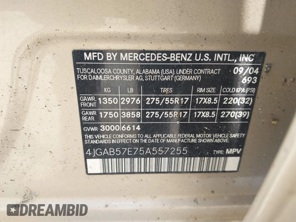 2005 Mercedes-Benz M 350 with VIN 4JGAB57E75A557255, listed as a IAAI auction lot 42443892 with 199,968 mi miles and . Bid and sale history available at DreamBid. Image 9.