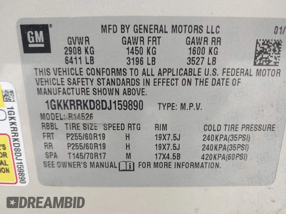2013 GMC Acadia SLT with VIN 1GKKRRKD8DJ159890, listed as a IAAI auction lot 41738458 with 199,765 mi miles. Bid and sale history available at carsss.com. Image 9.