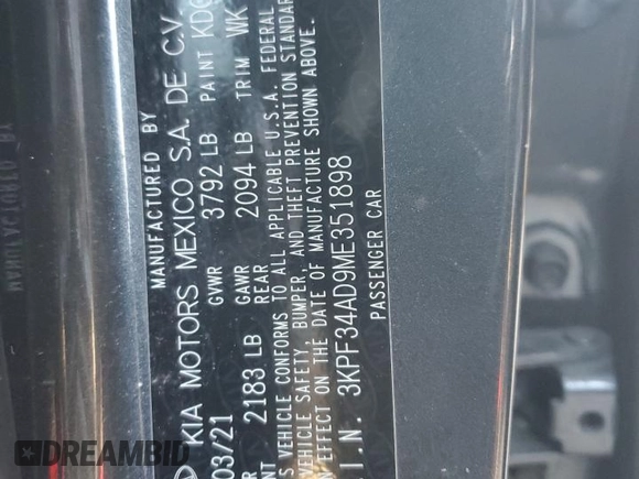 2021 Kia Forte GT-Line z VIN 3KPF34AD9ME351898, wystawiony jako Copart lot #87957335 z przebiegiem 57 633 mil mil oraz Szkoda całkowita • Salvage title. Historia ofert i sprzedaży dostępna na DreamBid. Obrazek 13.