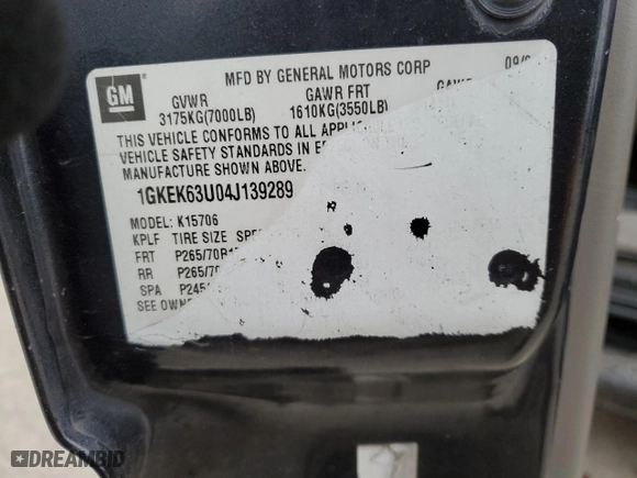 2004 GMC Yukon Denali with VIN 1GKEK63U04J139289, listed as a Copart auction lot 44793875 with 0 mi miles and Salvage Title. Bid and sale history available at carsss.com. Image 13.