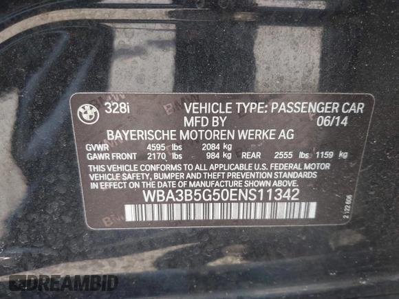 2014 BMW 3 Series 328i xDrive with VIN WBA3B5G50ENS11342, listed as a IAAI auction lot 42298374 with 116,417 mi miles and . Bid and sale history available at DreamBid. Image 9.