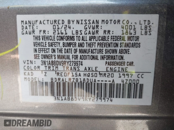 2024 Nissan Sentra SR with VIN 3N1AB8DV9RY279974, listed as a IAAI auction lot 42681299 with 20,552 mi miles and . Bid and sale history available at DreamBid. Image 9.