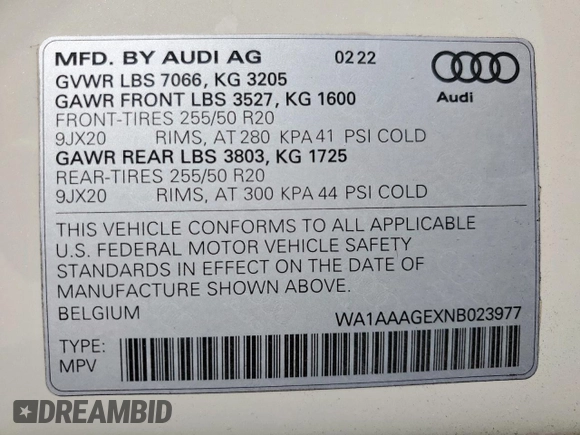 2022 Audi e-tron Premium with VIN WA1AAAGEXNB023977, listed as a Copart auction lot 53498145 with 28,494 mi miles and Salvage title. Bid and sale history available at DreamBid. Image 14.