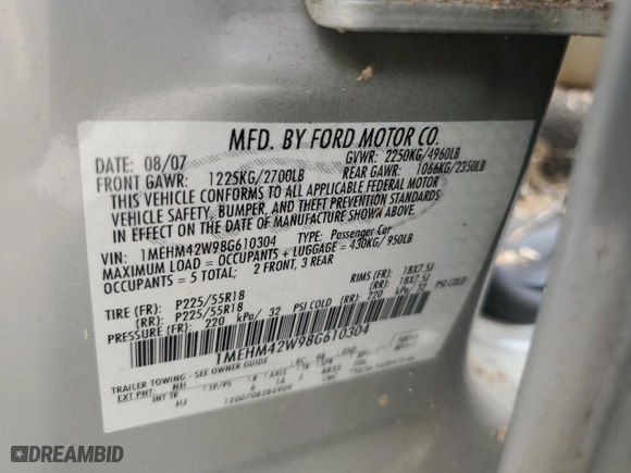 2008 Mercury Sable Premier with VIN 1MEHM42W98G610304, listed as a Copart auction lot 62187954 with 0 mi miles and Salvage Title. Bid and sale history available at carsss.com. Image 12.
