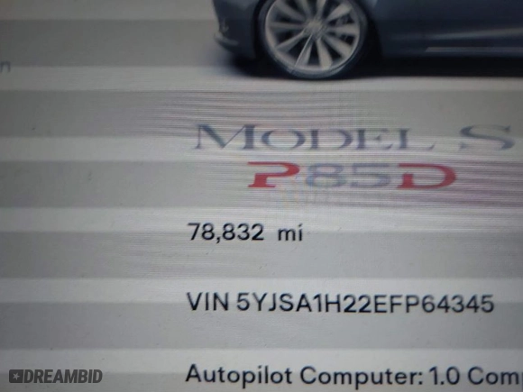 2014 Tesla Model S P85D with VIN 5YJSA1H22EFP64345, listed as a IAAI auction lot 41062130 with 78,832 mi miles. Bid and sale history available at carsss.com. Image 15.