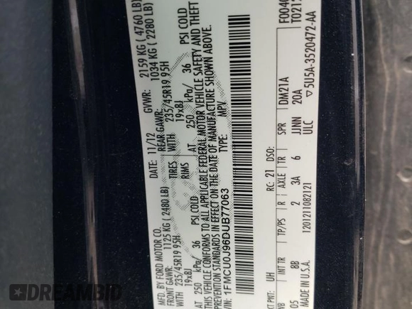 2013 Ford Escape Titanium с VIN 1FMCU0J96DUB77063, выставлен на аукционе Copart как лот 47002334 с пробегом 244 499 миль миль и На запчасти • Non repairable. История ставок и продаж доступна на DreamBid. Изображение 13.