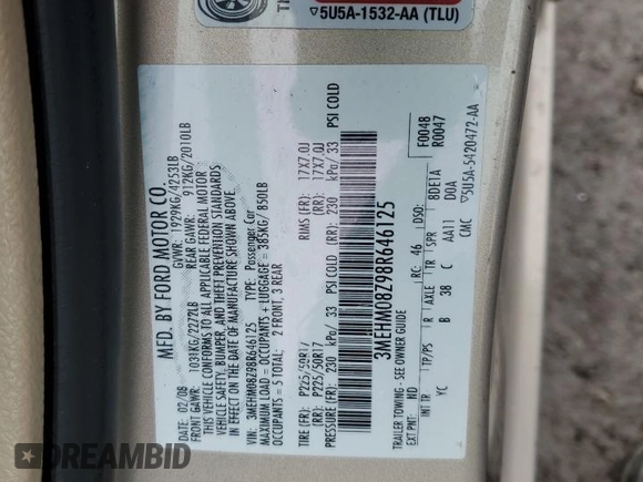 2008 Mercury Milan Premier with VIN 3MEHM08Z98R646125, listed as a Copart auction lot 51006265 with 171,399 mi miles and Salvage title. Bid and sale history available at DreamBid. Image 13.