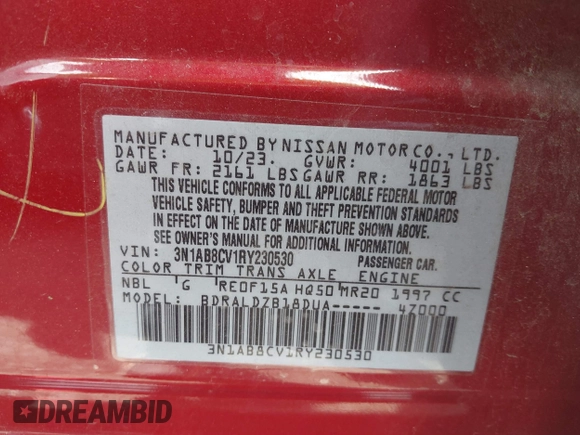 2024 Nissan Sentra SV with VIN 3N1AB8CV1RY230530, listed as a IAAI auction lot 41681613 with 34,329 mi miles and . Bid and sale history available at DreamBid. Image 9.
