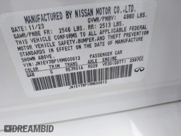 2024 Infiniti Q50 Luxe with VIN JN1EV7BP1RM600612, listed as a IAAI auction lot 41617834 with 20 mi miles and . Bid and sale history available at DreamBid. Image 9.