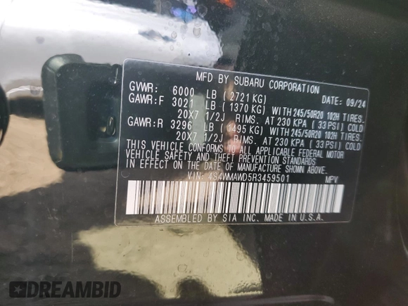 2024 Subaru Ascent Touring with VIN 4S4WMAWD5R3459501, listed as a Copart auction lot 54711745 with 3,984 mi miles and Salvage title. Bid and sale history available at DreamBid. Image 14.