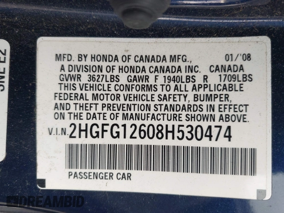 2008 Honda Civic Cpe LX with VIN 2HGFG12608H530474, listed as a IAAI auction lot 42084035 with 182,037 mi miles. Bid and sale history available at carsss.com. Image 9.