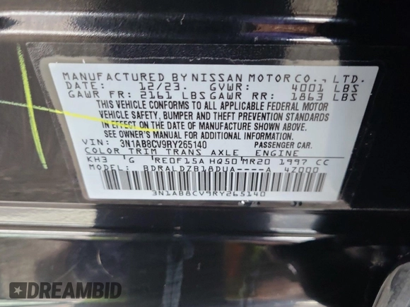 2024 Nissan Sentra SV with VIN 3N1AB8CV9RY265140, listed as a IAAI auction lot 42734322 with 29,967 mi miles and . Bid and sale history available at DreamBid. Image 1.