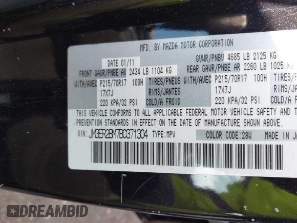2011 Mazda CX-7 i Sport with VIN JM3ER2BM7B0371304, listed as a IAAI auction lot 41971176 with 167,837 mi miles. Bid and sale history available at carsss.com. Image 9.
