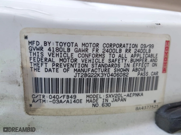 2000 Toyota Camry CE with VIN JT2BG22K3Y0406082, listed as a IAAI auction lot 42053116 with 171,219 mi miles. Bid and sale history available at carsss.com. Image 9.