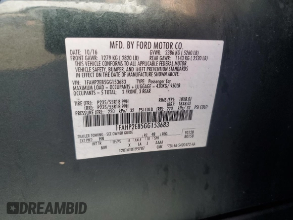2016 Ford Taurus SEL with VIN 1FAHP2E85GG153683, listed as a Copart auction lot 46168965 with 72,769 mi miles and Salvage Title. Bid and sale history available at DreamBid. Image 14.