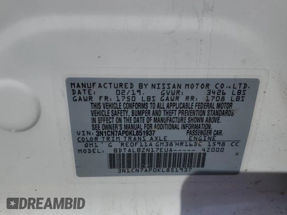 2019 Nissan Versa SV with VIN 3N1CN7AP0KL851937, listed as a Copart auction lot 54154575 with 67,344 mi miles and Salvage title. Bid and sale history available at DreamBid. Image 12.