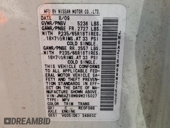 2009 Nissan Murano S with VIN JN8AZ18W99W215027, listed as a Copart auction lot 53029535 with 119,295 mi miles and Non Repairable. Bid and sale history available at DreamBid. Image 13.