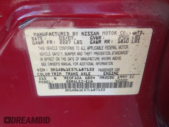 2007 Nissan Sentra 2.0 with VIN 3N1AB61E57L687133, listed as a IAAI auction lot 41713134 with 137,679 mi miles and . Bid and sale history available at DreamBid. Image 9.
