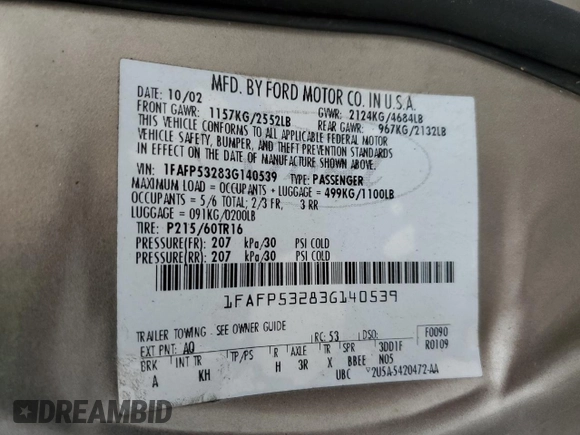 2003 Ford Taurus SE Standard with VIN 1FAFP53283G140539, listed as a Copart auction lot 53453665 with 97,227 mi miles and Salvage Title. Bid and sale history available at DreamBid. Image 12.