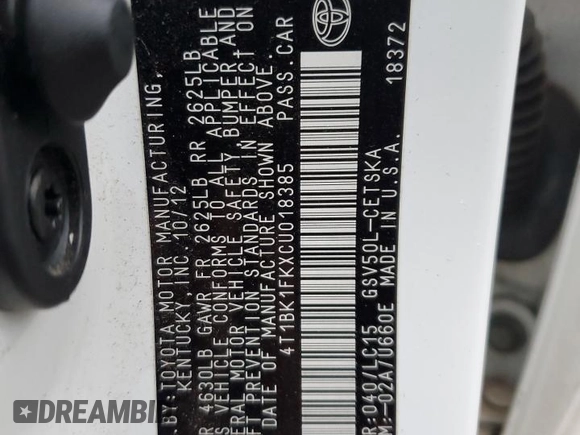 2012 Toyota Camry SE with VIN 4T1BK1FKXCU018385, listed as a Copart auction lot 85015804 with 183,735 mi miles and Salvage Title. Bid and sale history available at carsss.com. Image 14.