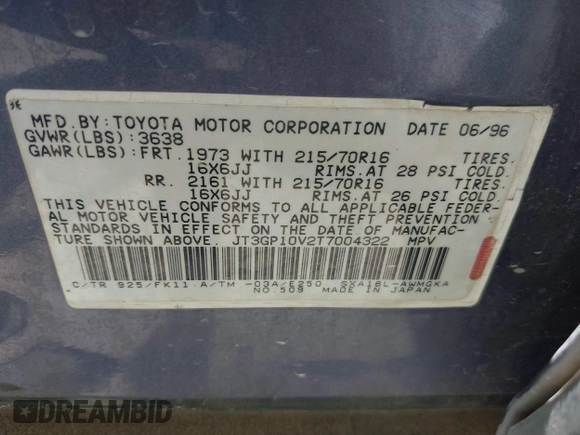 1996 Toyota RAV4 with VIN JT3GP10V2T7004322, listed as a IAAI auction lot 42774371 with 167,868 mi miles and . Bid and sale history available at DreamBid. Image 9.