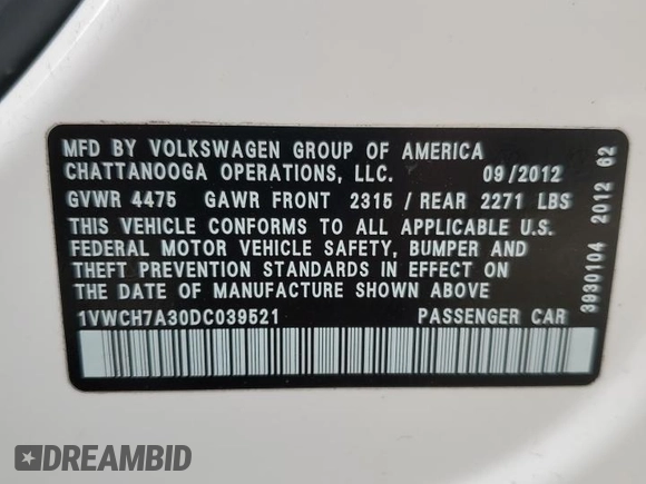 2013 Volkswagen Passat SEL Premium z VIN 1VWCH7A30DC039521, wystawiony jako Copart lot #56795935 z przebiegiem 127 052 mil mil oraz Nie do naprawy • Non repairable. Historia ofert i sprzedaży dostępna na DreamBid. Obrazek 12.