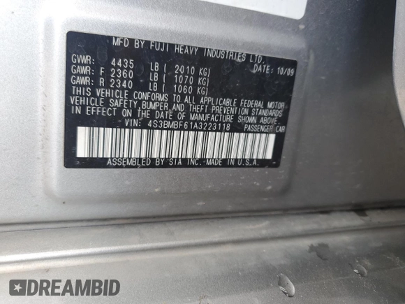 2010 Subaru Legacy Premium All-Weather Anniversary with VIN 4S3BMBF61A3223118, listed as a Copart auction lot 62595565 with 58,770 mi miles and Salvage title. Bid and sale history available at DreamBid. Image 12.