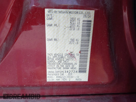 2015 Nissan Altima S with VIN 1N4AL3AP1FN342728, listed as a IAAI auction lot 42033113 with 106,397 mi miles and . Bid and sale history available at carsss.com. Image 9.