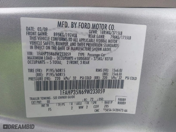 2009 Ford Focus SE with VIN 1FAHP35N69W233059, listed as a IAAI auction lot 41982131 with 108,616 mi miles. Bid and sale history available at carsss.com. Image 9.