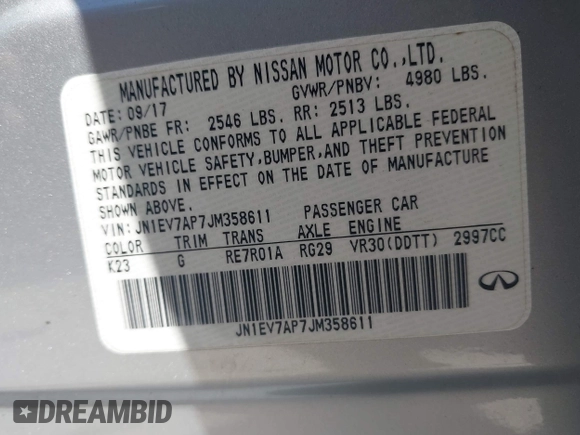 2018 Infiniti Q50 Luxe with VIN JN1EV7AP7JM358611, listed as a IAAI auction lot 42579521 with 102,922 mi miles and . Bid and sale history available at DreamBid. Image 9.