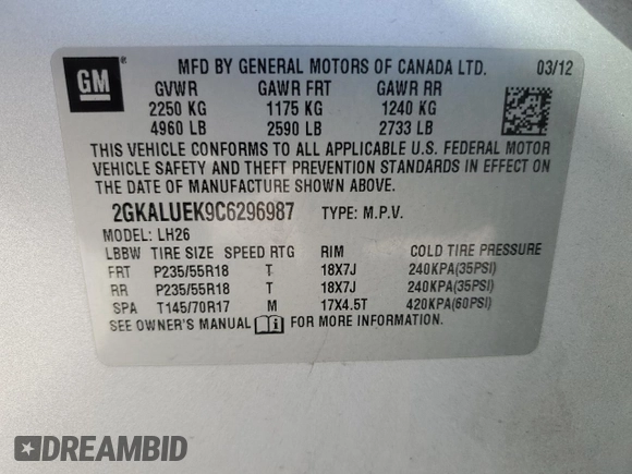 2012 GMC Terrain SLT-1 with VIN 2GKALUEK9C6296987, listed as a Copart auction lot 50635165 with 223,020 mi miles and Salvage Title. Bid and sale history available at carsss.com. Image 13.